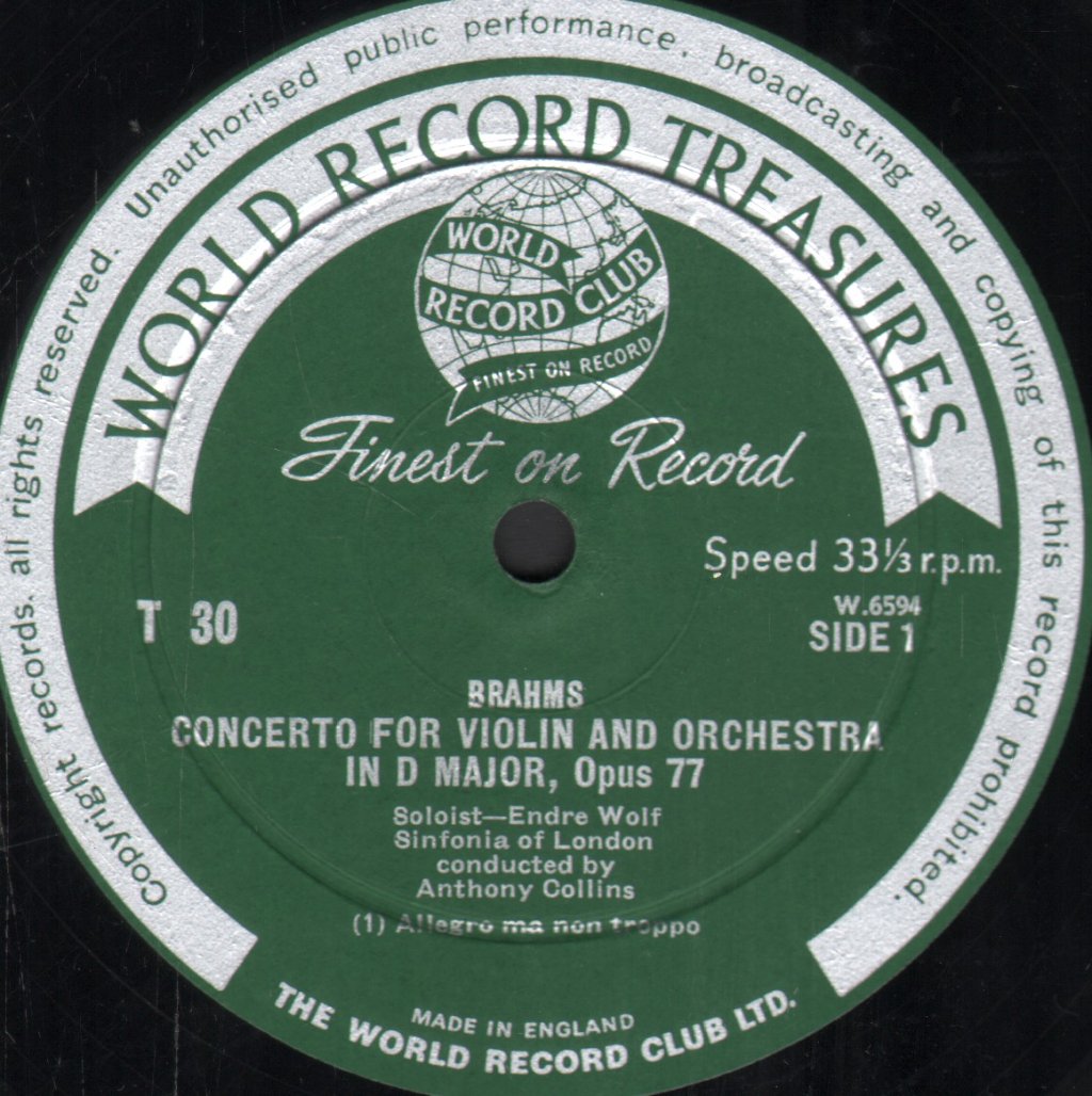 Endre Wolf / Anthony Collins / Sinfonia Of London - Brahms - Concerto For Violin And Orchestra In D Major - Lp