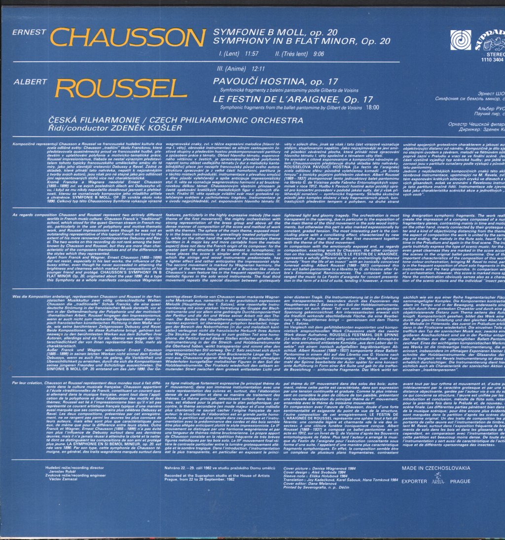 Czech Philharmonic Orchestra / Zdenek Kosler - Roussel - Le Festin De L’araignee / Chausson - Symphonie - Lp