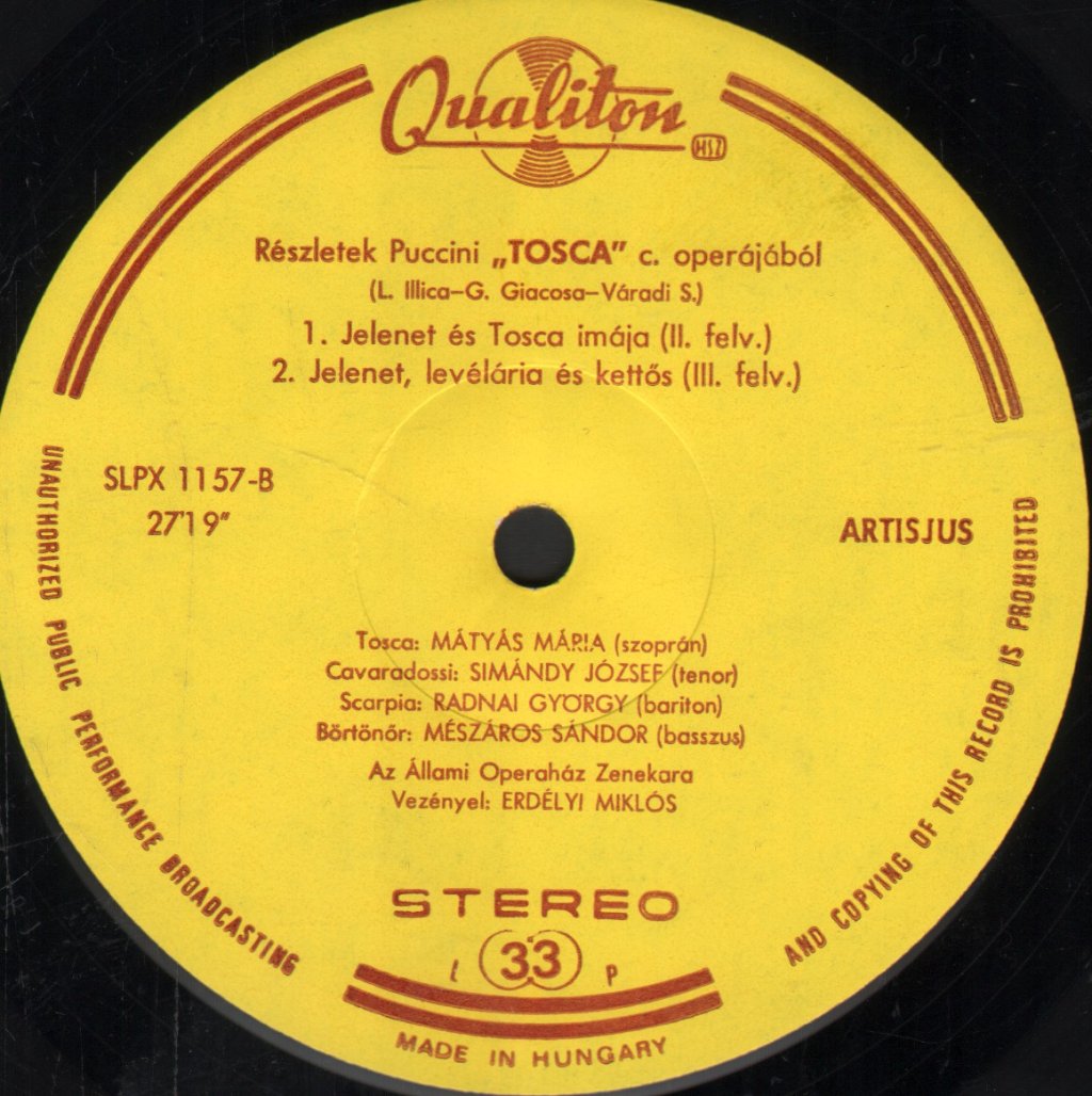Maria Matyas / Jozsef Simandy / Chorus & Orchestra of the Hungarian State Opera - Puccini - Tosca Excerpts - Lp
