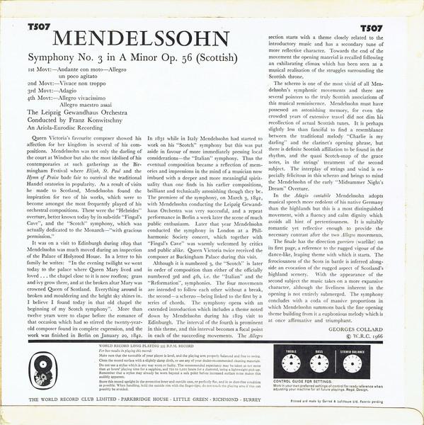 Franz Konwitschny / Leipzig Gewandhaus Orchestra - Mendelssohn - Symphony No.3 In A Minor, Op. 56 'Scottish' - Lp