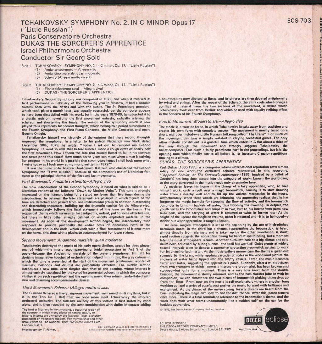 Sir Georg Solti / Paris Conservatoire / Israel Philharmonic - Tchaikovsky - Symphony No. 2, ("Little Russian") / Dukas - Sorcerer's Apprentice - Lp