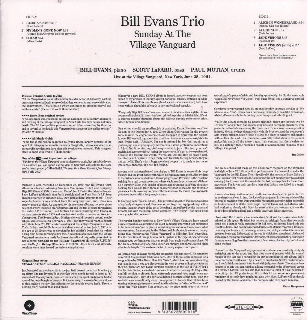 Bill Evans Trio - Sunday At The Village Vanguard - Lp