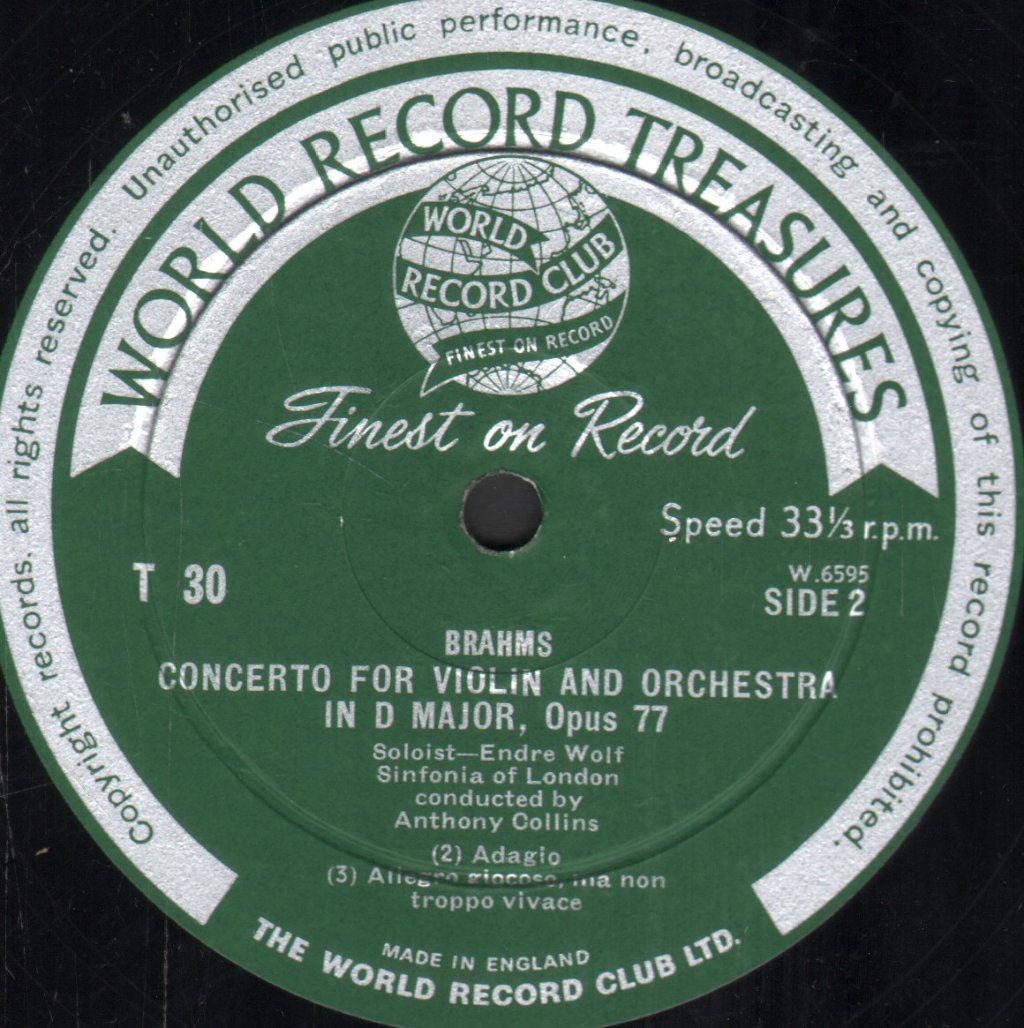 Endre Wolf / Anthony Collins / Sinfonia Of London - Brahms - Concerto For Violin And Orchestra In D Major - Lp