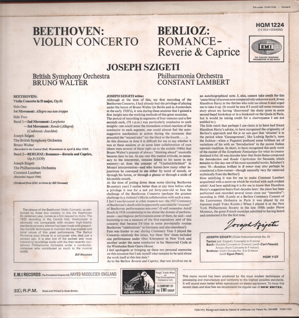 Joseph Szigeti / Bruno Walter / Constant Lambert - Szigeti Plays Beethoven Violin Concerto - Lp