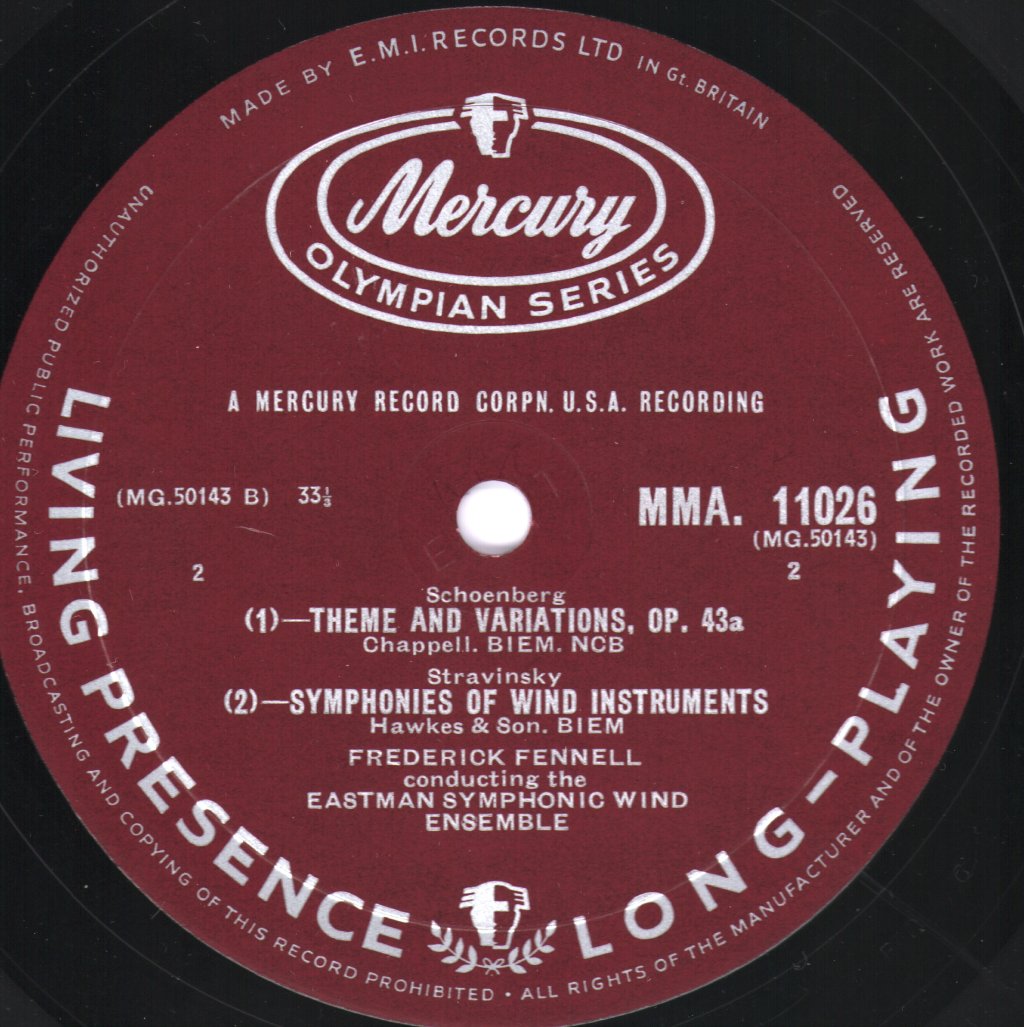 Frederick Fennell / Eastman Wind Ensemble - Hindemith - Symphony In B-Flat / Schoenberg - Theme And Variations / Stravinsky Symphonies Of Wind Instruments - Lp