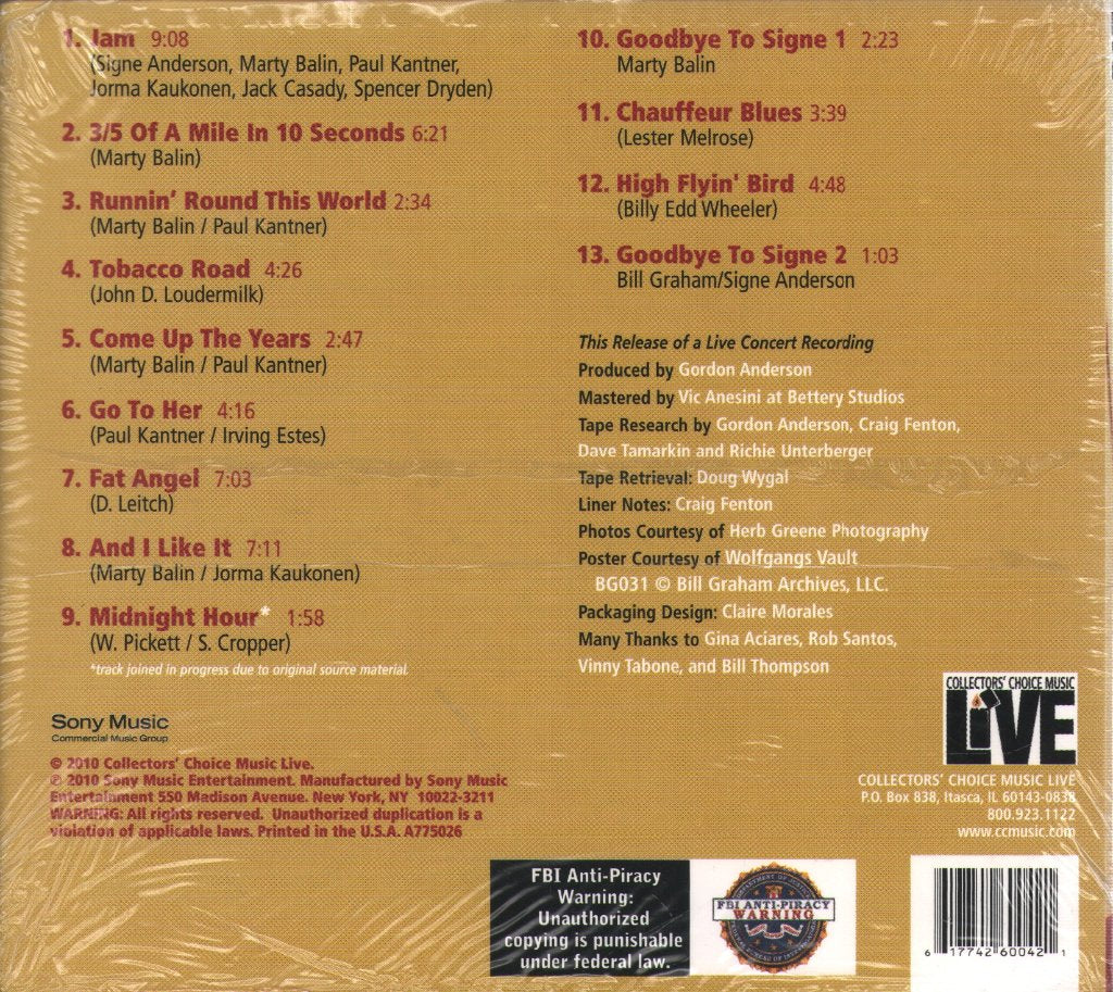 Jefferson Airplane - Live At The Fillmore Auditorium 10/15/66 (Late Show - Signe's Farewell) - Cd