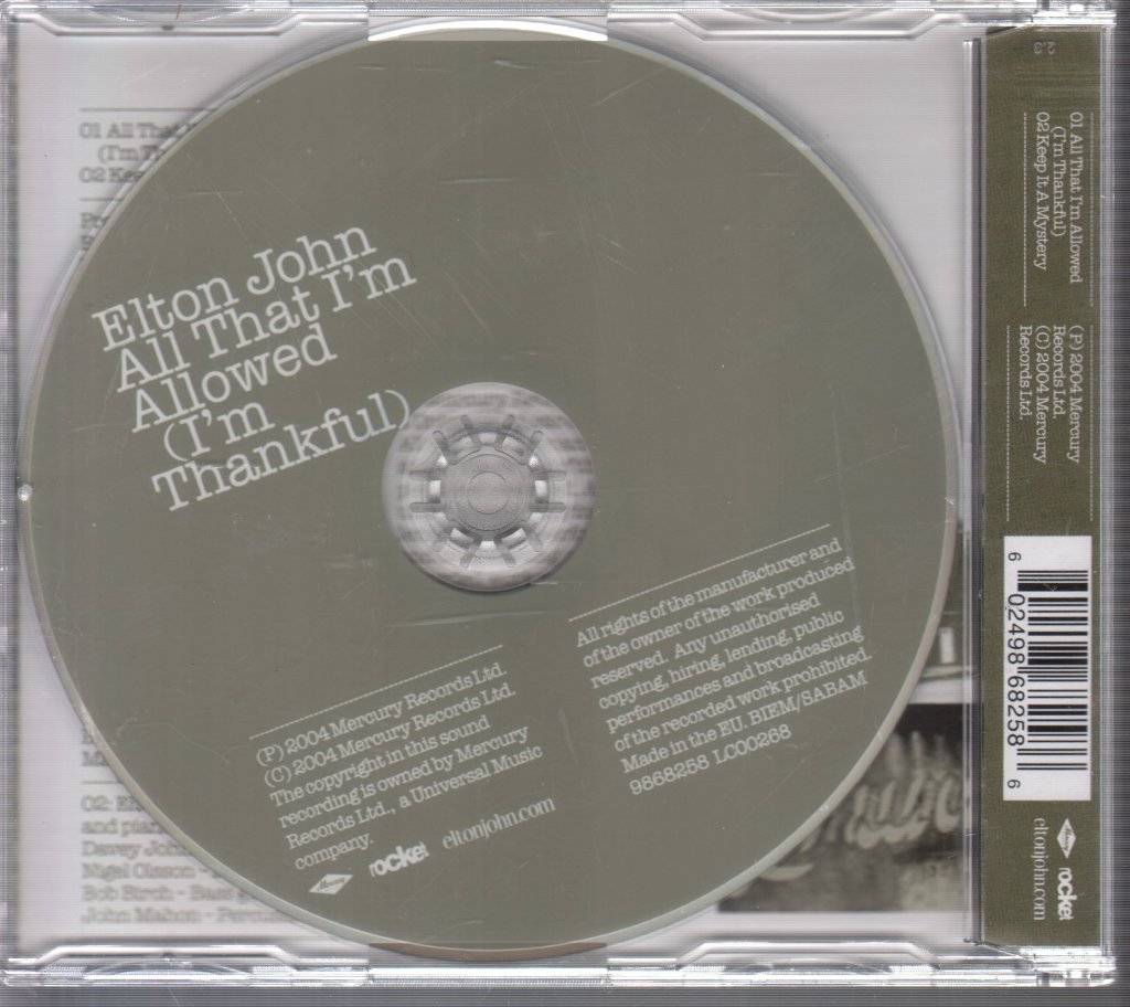 Elton John - All That I'm Allowed (I'm Thankful) - Cd