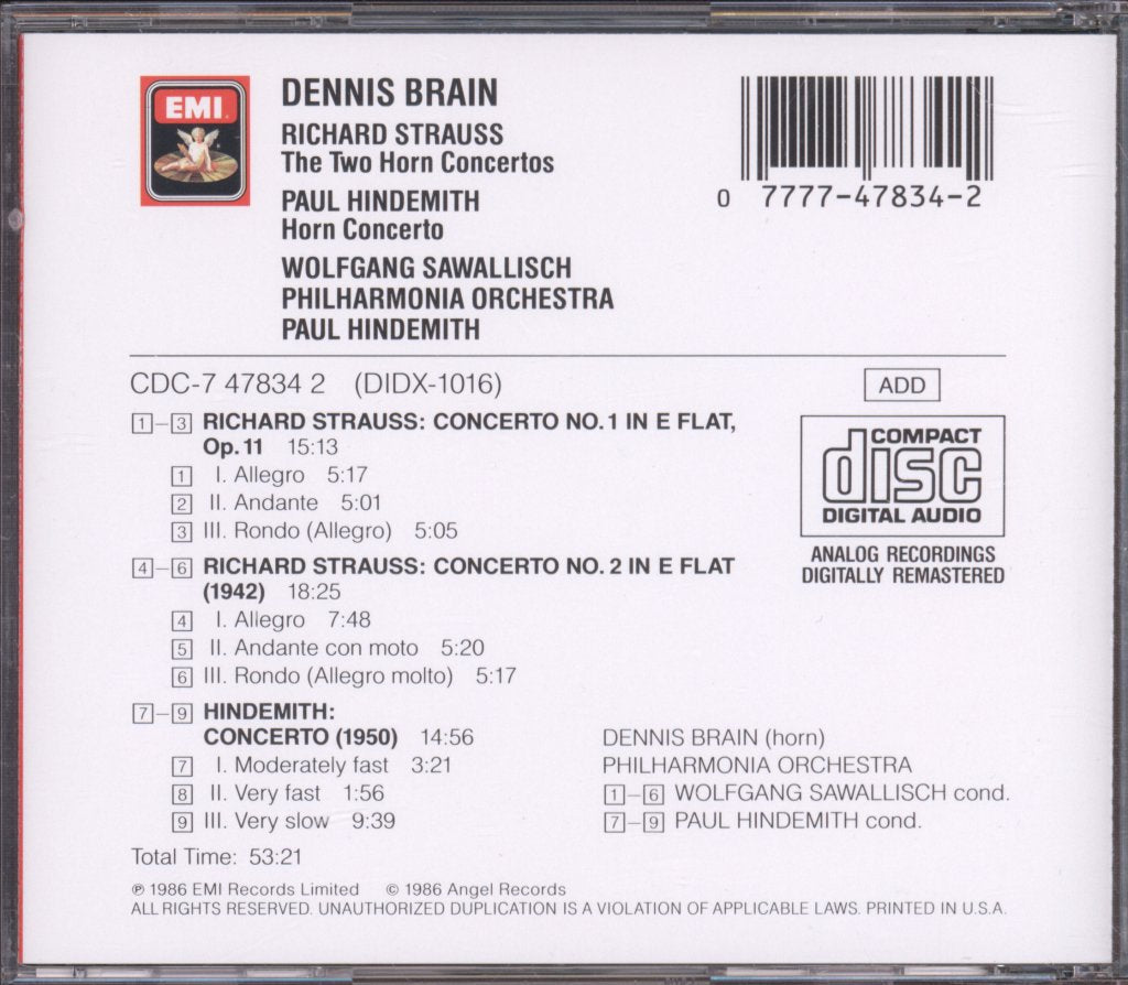 Dennis Brain, Wolfgang Sawallisch, Philharmonia Orchestra - Two Horn Concertos / Horn Concerto - Cd