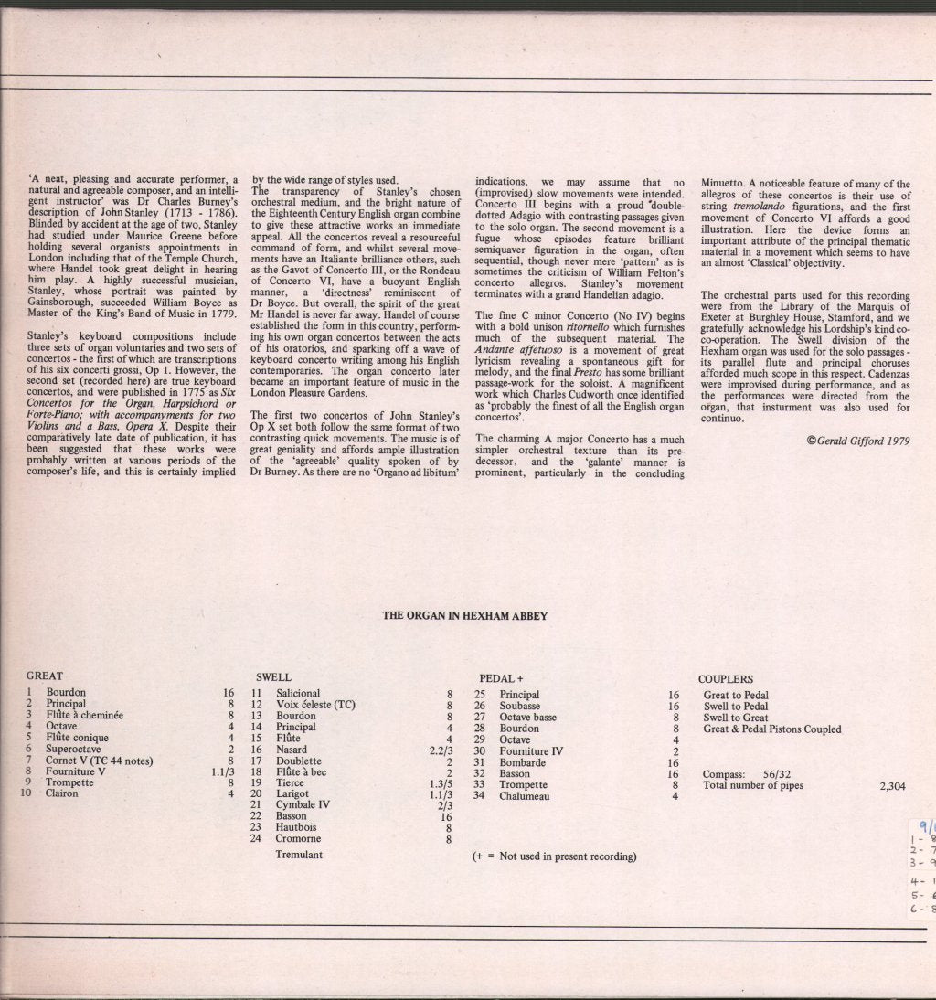Gerald Gifford / Northern Sinfonia Orchestra - John Stanley - Six Organ Concertos Op.10 - Lp
