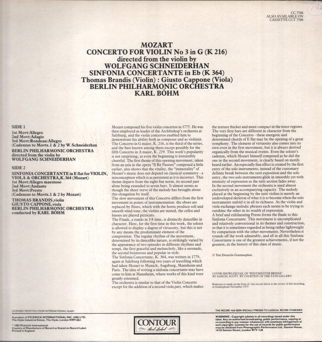 Wolfgang Schneiderhan / Thomas Brandis / Giusto Cappone / Karl Bohm - Mozart Violin Concerto / Sinfonia Concertante In Eb - Lp
