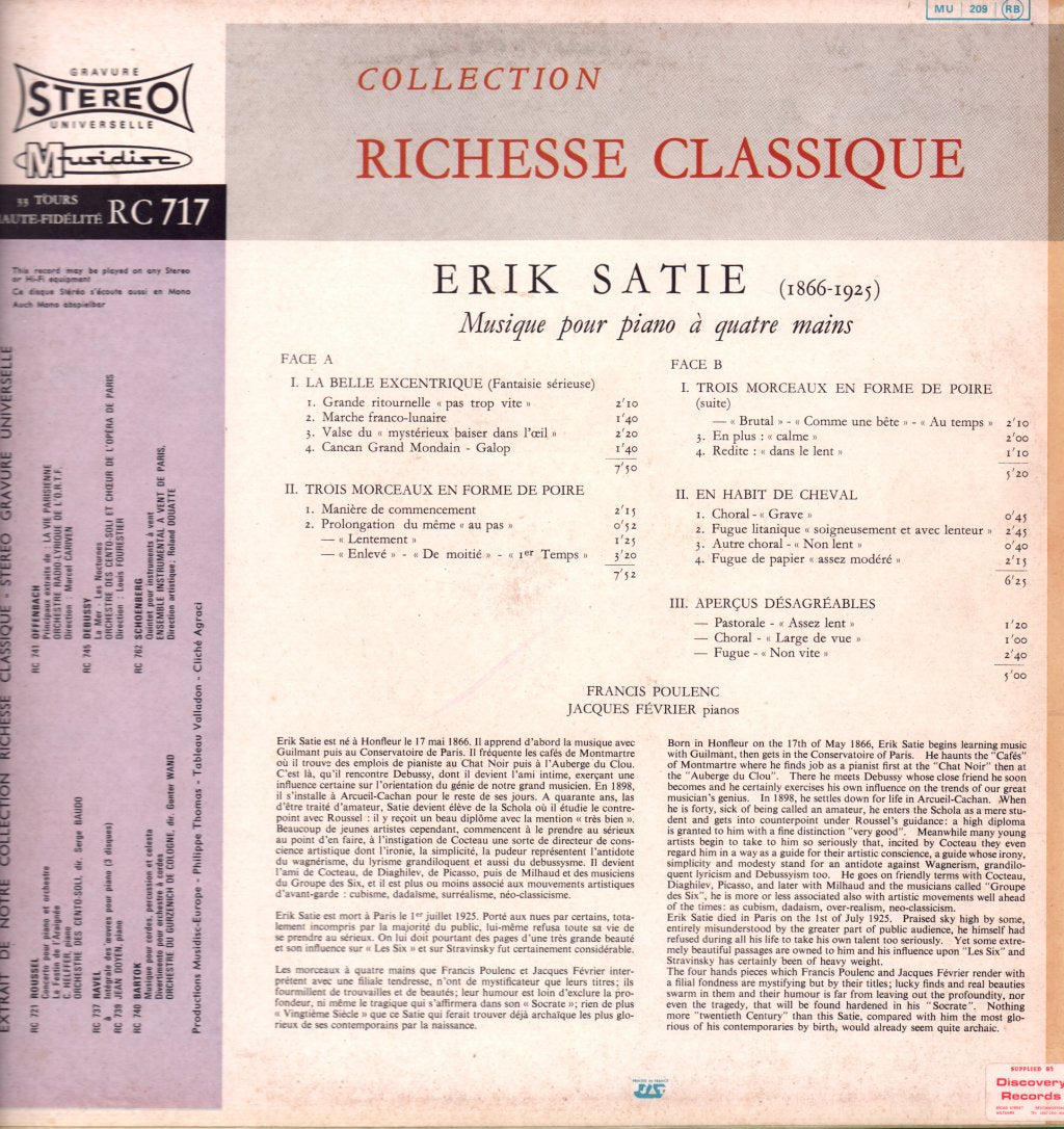 Erik Satie - Musique Pour Piano à Quatre Mains - Lp