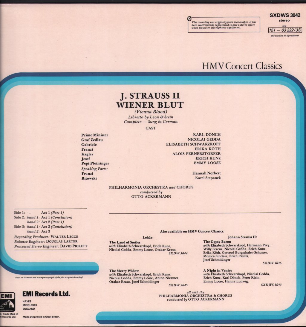 Elisabeth Schwarzkopf / Nicolai Gedda / Otto Ackermann / Philharmonia Orchestra - Johann Strauss - Wiener Blut - Vienna Blood Complete - Double Lp