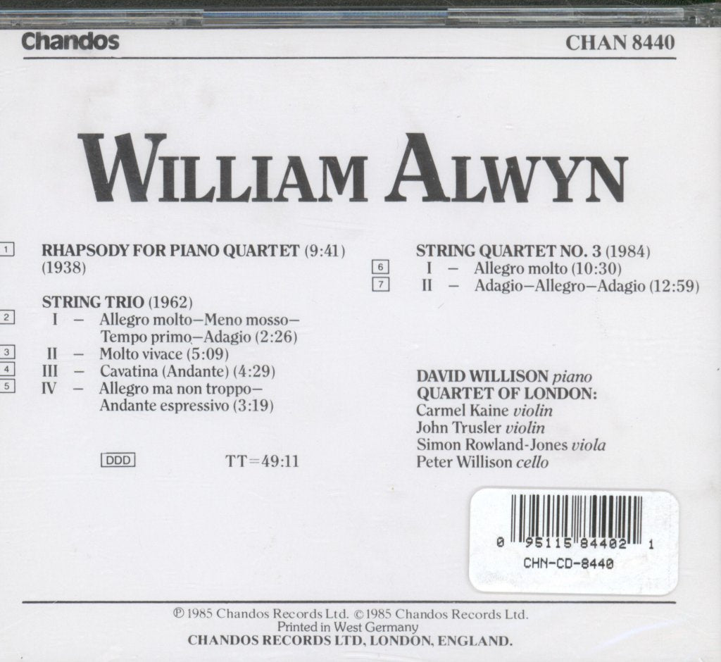 Quartet Of London, David Willison - William Alwyn - String Quartet No. 3 / String Trio / Rhapsody For Piano Quartet - Cd
