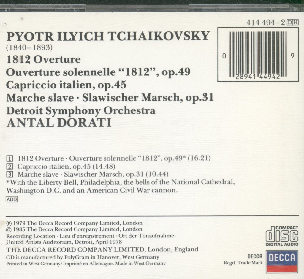 Pyotr Ilyich Tchaikovsky - 1812 Overture: Capriccio Italien; Marche Slave; - Cd