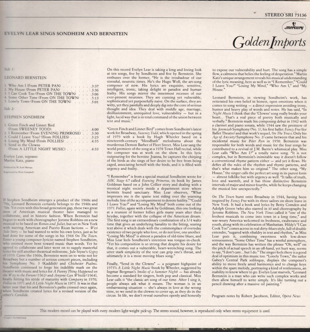 Evelyn Lear - Sings Sondheim And Bernstein - Lp