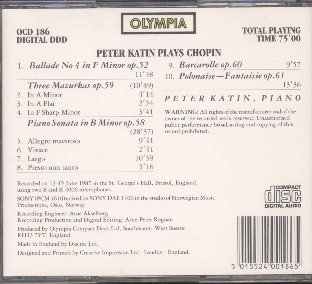 Peter Katin - Peter Katin Plays Chopin, Volume I - Cd