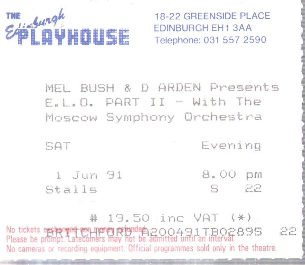 Elo Part 2 - Edinburgh Playhouse 1st June 1991 - Ticket