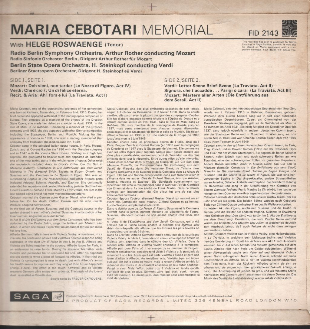 Helge Roswaenge / Radio Berlin Symphony Orchestra / Artur Rother - Maria Cebotari Memorial - Lp