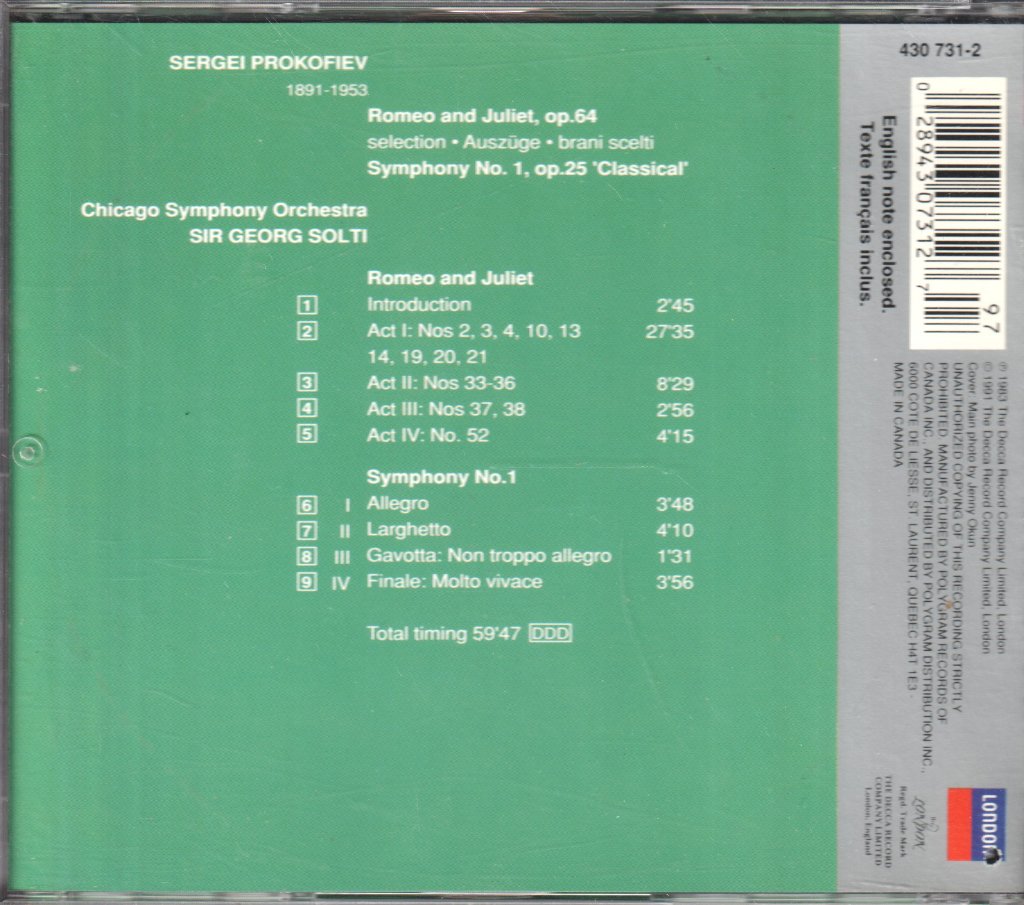 Chicago Symphony Orchestra - prokofiev Romeo And Juliet selection Symphony No. 1 Classical - Cd