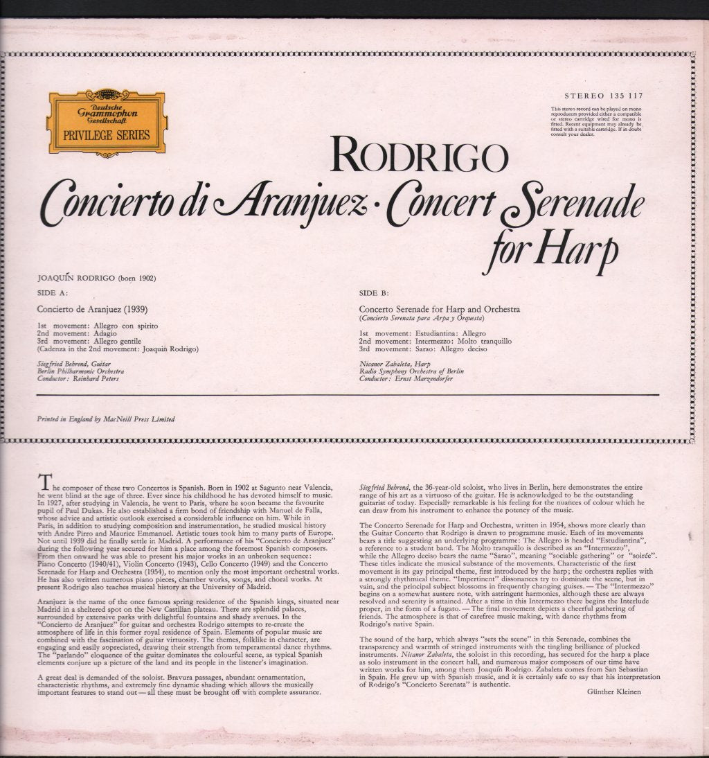Siegfried Behrend / Nicanor Zabaleta - Rodrigo - Concierto De Aranjuez - Lp