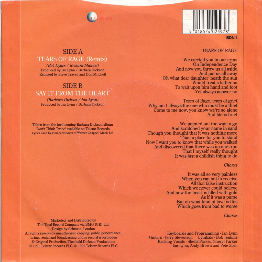 Barbara Dickson - Tears Of Rage - 7 Inch