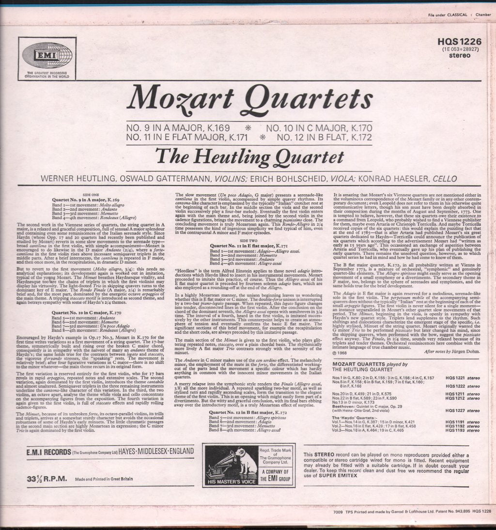 Heutling Quartet - Mozart Quartets No. 9, 10, 11, 12 - Lp