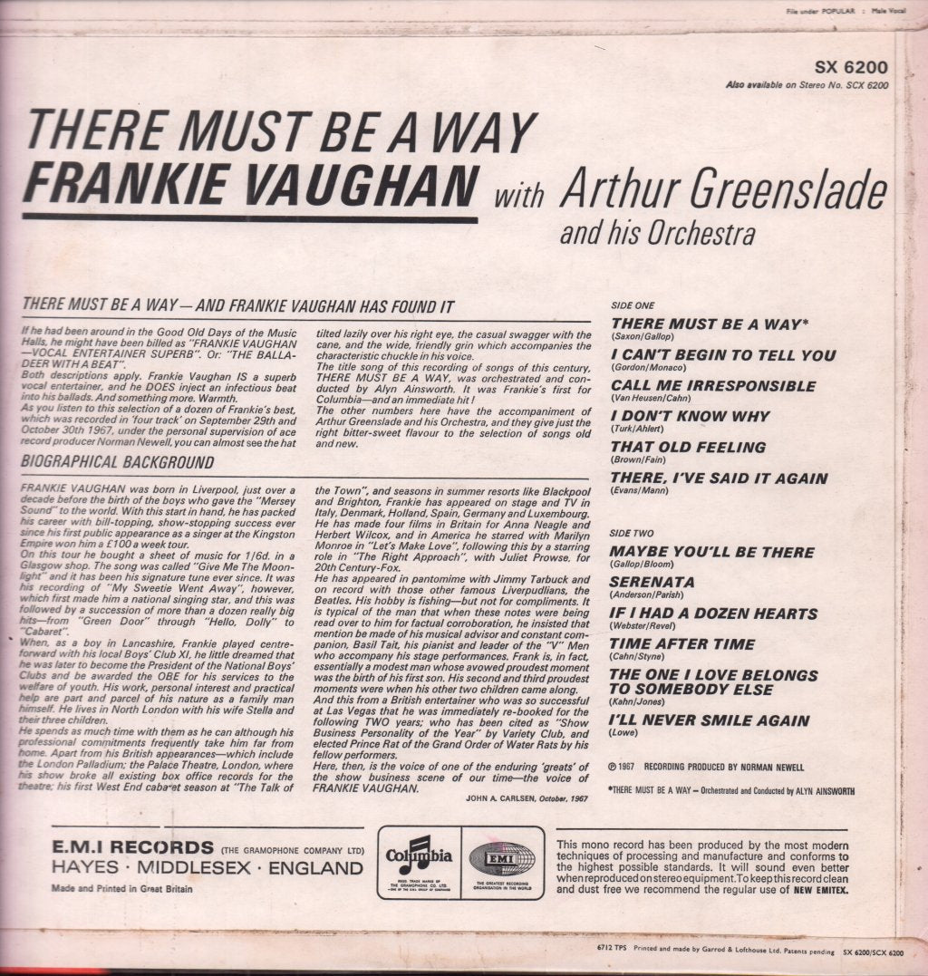 Frankie Vaughan With Arthur Greenslade And His Orchestra - There Must Be A Way - Lp