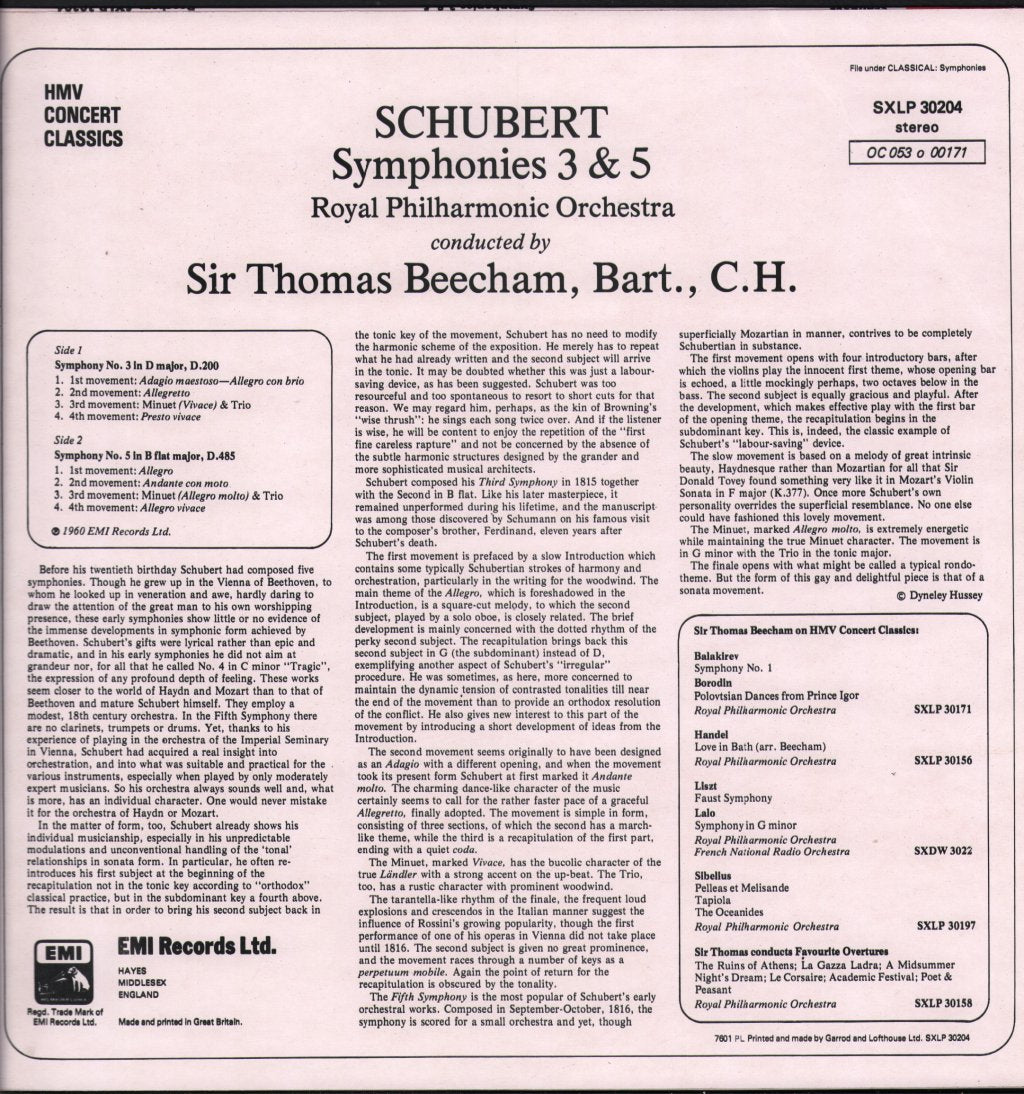 Sir Thomas Beecham / Royal Philharmonic Orchestra - Schubert - Symphonies 3 & 5 - Lp