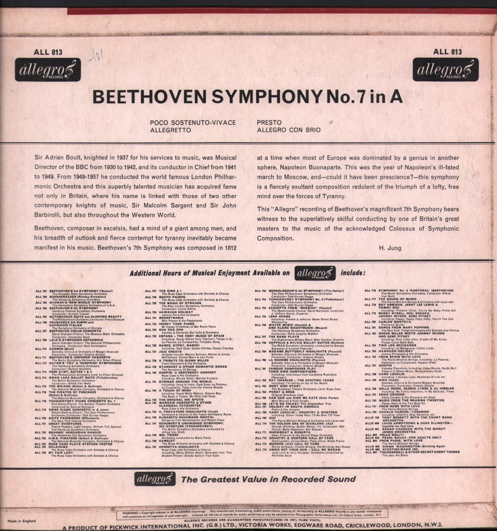 Sir Adrian Boult / Philharmonic Promenade Orchestra Of London - Beethoven Symphony No.7 in A - Lp