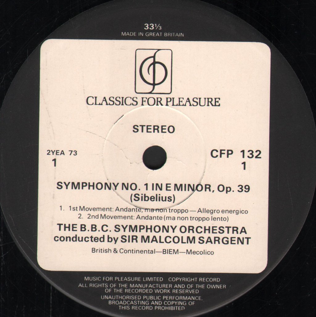 Sir Malcolm Sargent / BBC Symphony Orchestra - Sibelius - Symphony No.1 - Lp