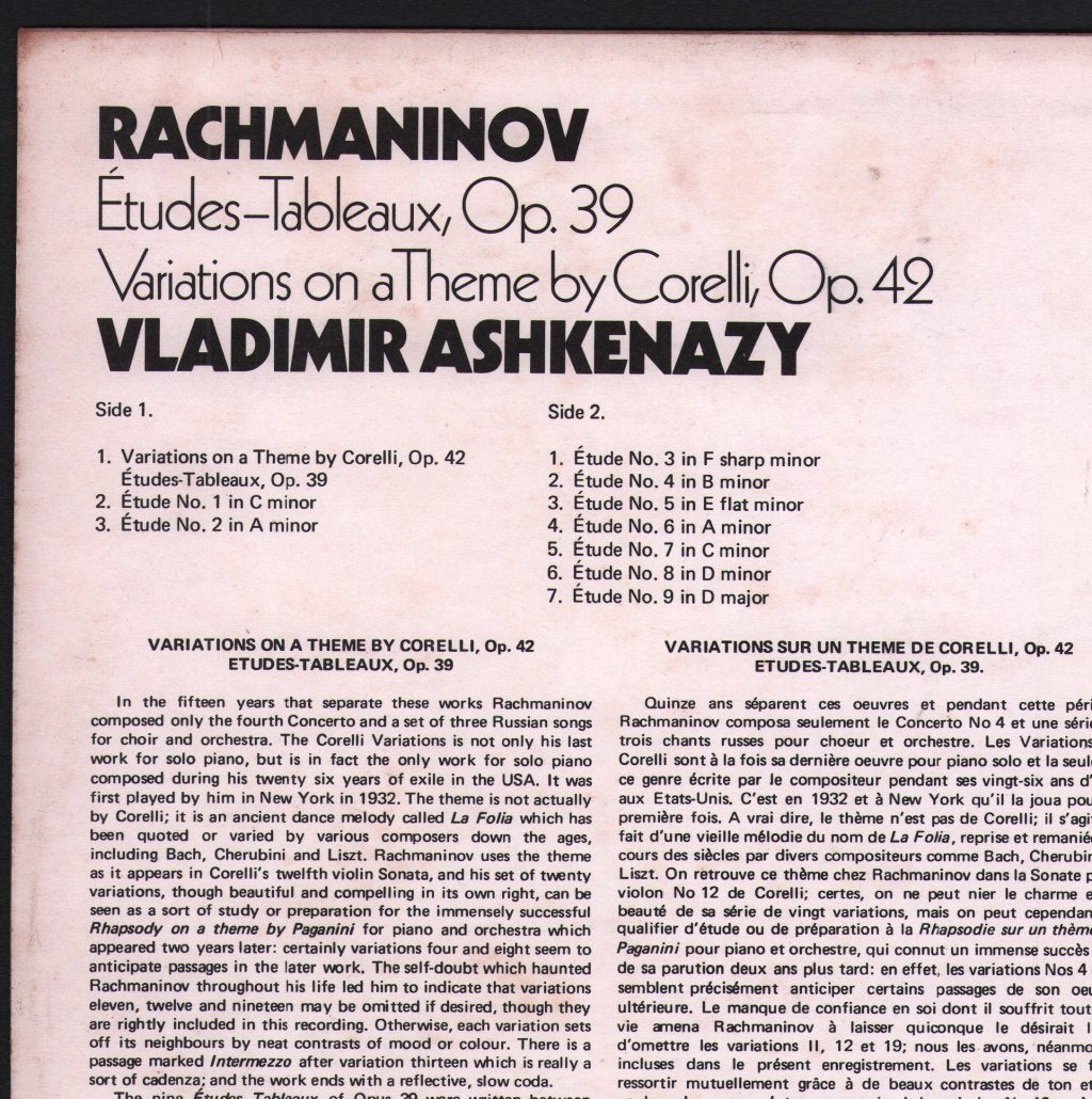 Vladimir Ashkenazy - Rachmaninov - Etudes-Tableaux Op. 39 / Variations On A Theme By Corelli - Lp