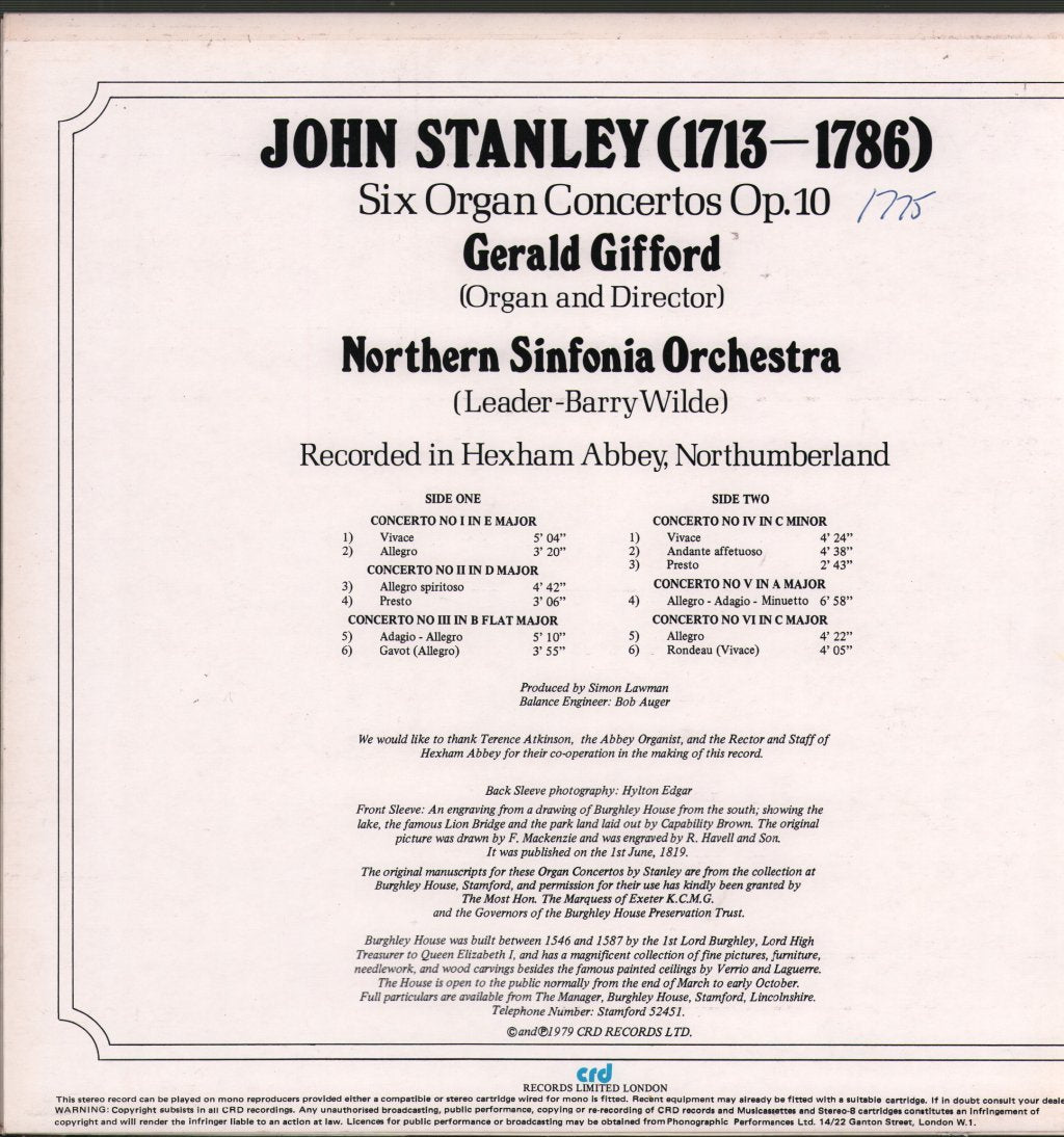 Gerald Gifford / Northern Sinfonia Orchestra - John Stanley - Six Organ Concertos Op.10 - Lp