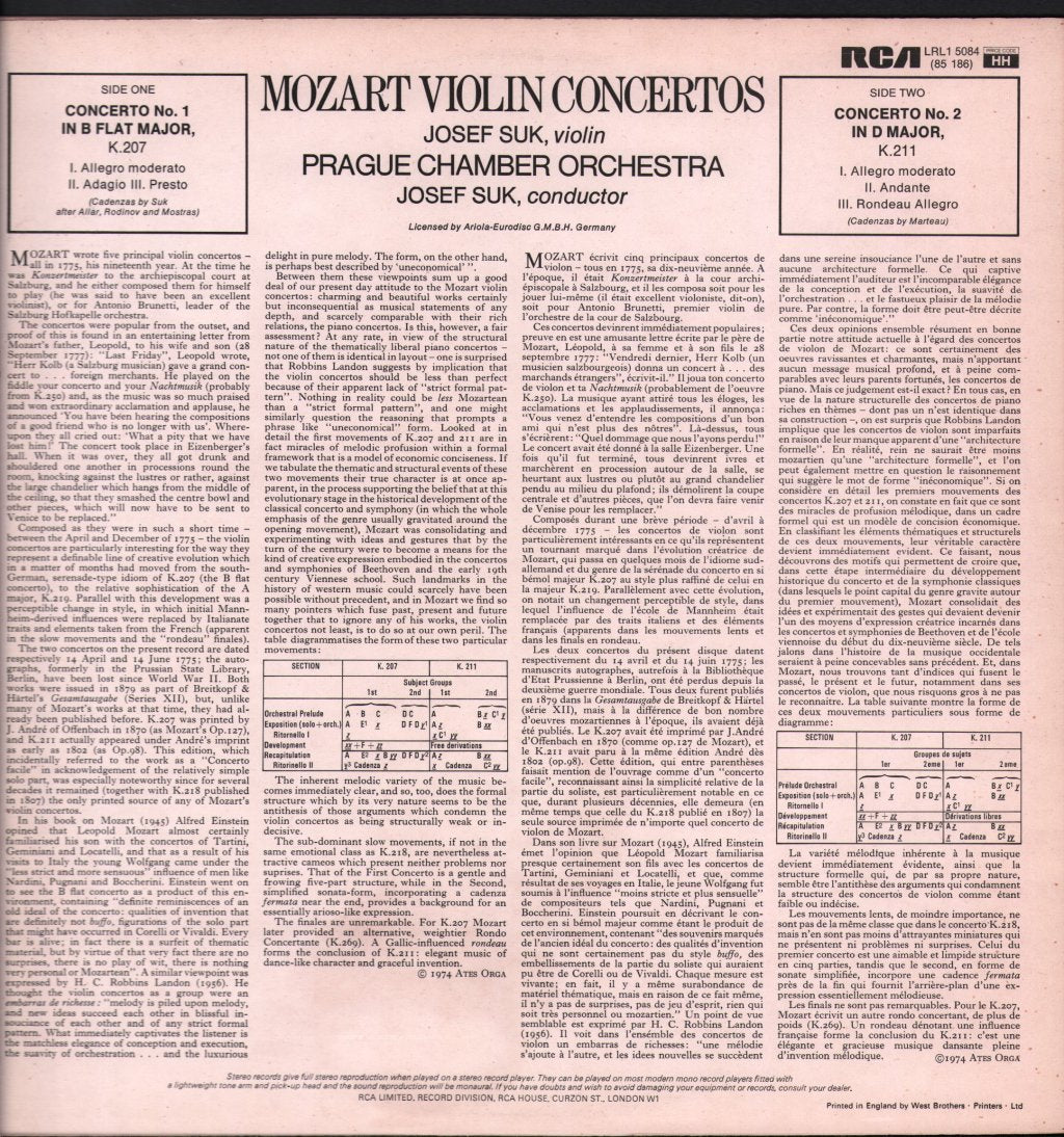 Josef Suk / Prague Chamber Orchestra - Mozart - Violin Concertos No 1 And 2 - Lp