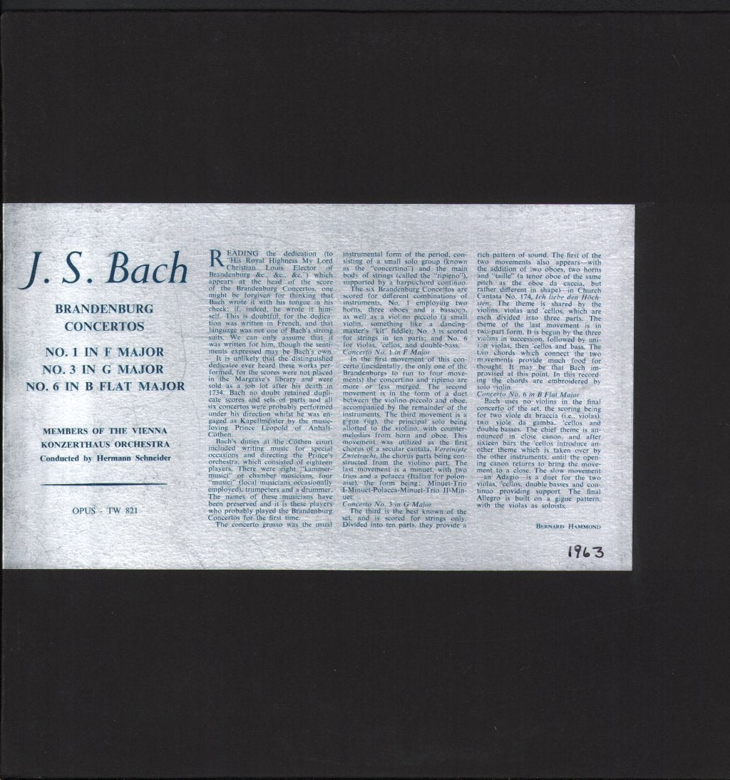 Members of the Vienna Konzerthaus Orchestra / Hermann Schneider - J.S. Bach - Brandenburg Concerto No. 1 In F Major / Brandenburg Concerto No. 3 In G Major - Lp