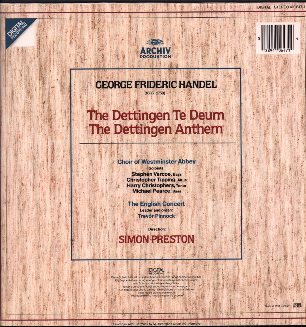 Simon Preston / Choir Of Westminster Abbey / English Concert / Trevor Pinnock - George Frideric Handel - Dettingen Te Deum / Dettingen Anthem - Lp