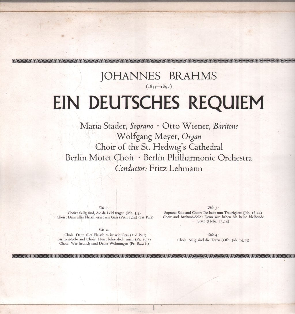 Maria Stader / Otto Wiener / Berlin Philharmonic / Fritz Lehmann - Johannes Brahms - Ein Deutsches Requiem - Double Lp