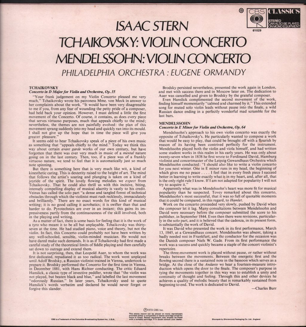 Isaac Stern / Eugene Ormandy / Philadelphia Orchestra - Tchaikovsky / Mendelssohn Violin Concerto - Lp