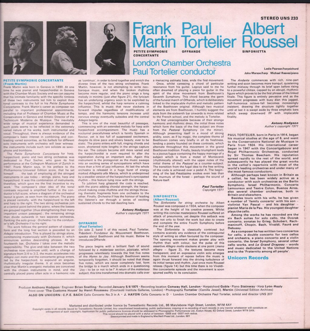 London Chamber Orchestra / Paul Tortelier - Frank Martin - Petite Symphonie Concertante / Paul Tortelier - Offrande / Albert Roussel - Sinfonietta Op. 52 - Lp