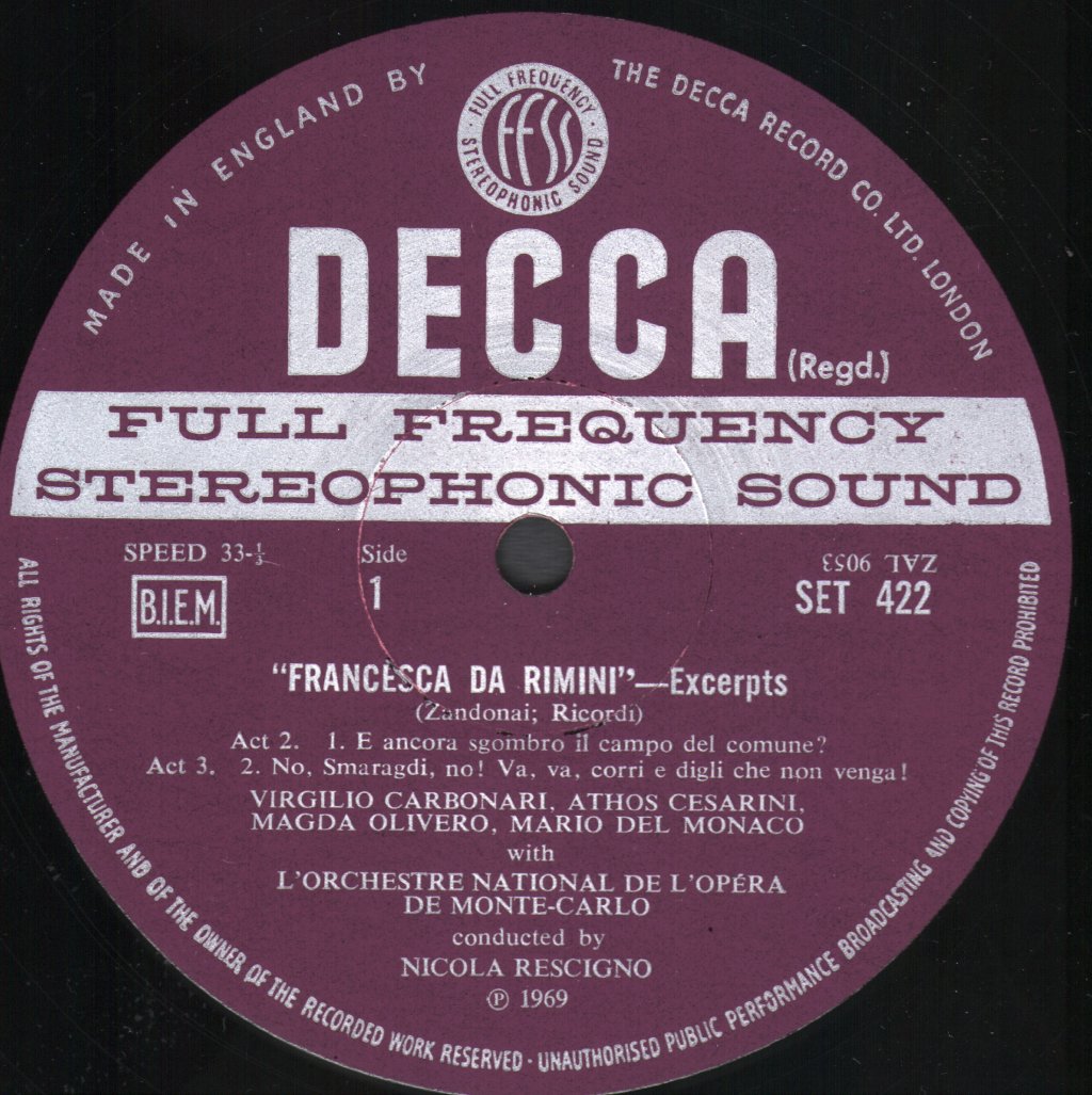Mario del Monaco / Magda Olivero / Orchestre National De L'Opéra De Monte-Carlo / Nicola Rescigno - Francesca Da Rimini - Excerpts - Lp