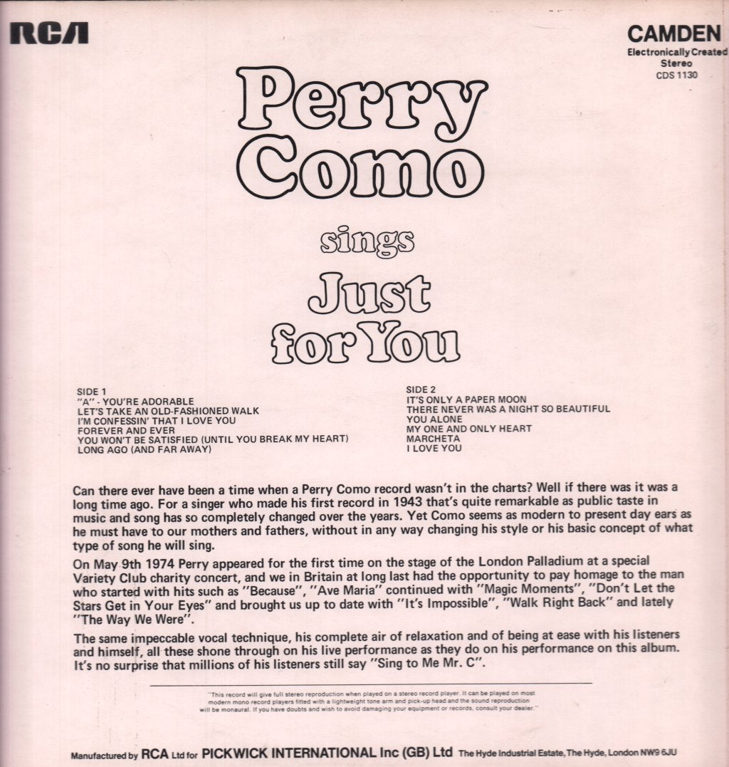 Perry Como - Sings Just For You - Lp