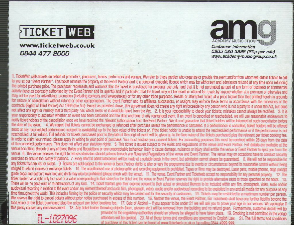 Therapy (Rock Group) - 02 Academy Sheffield 29th November 2012 - Ticket