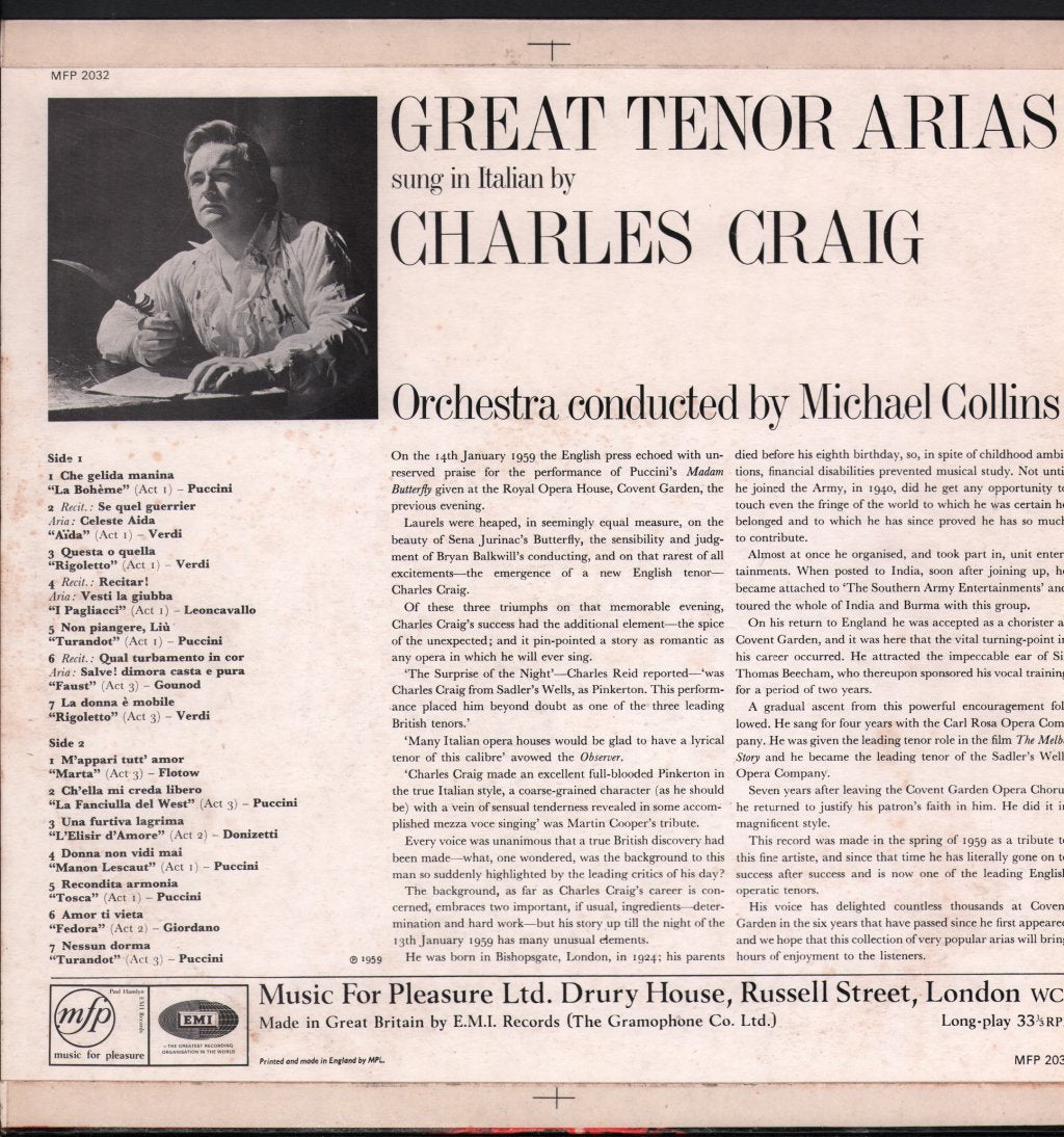 Charles Craig / Orchestra Conducted By Michael Collins - Great Tenor Arias - Lp