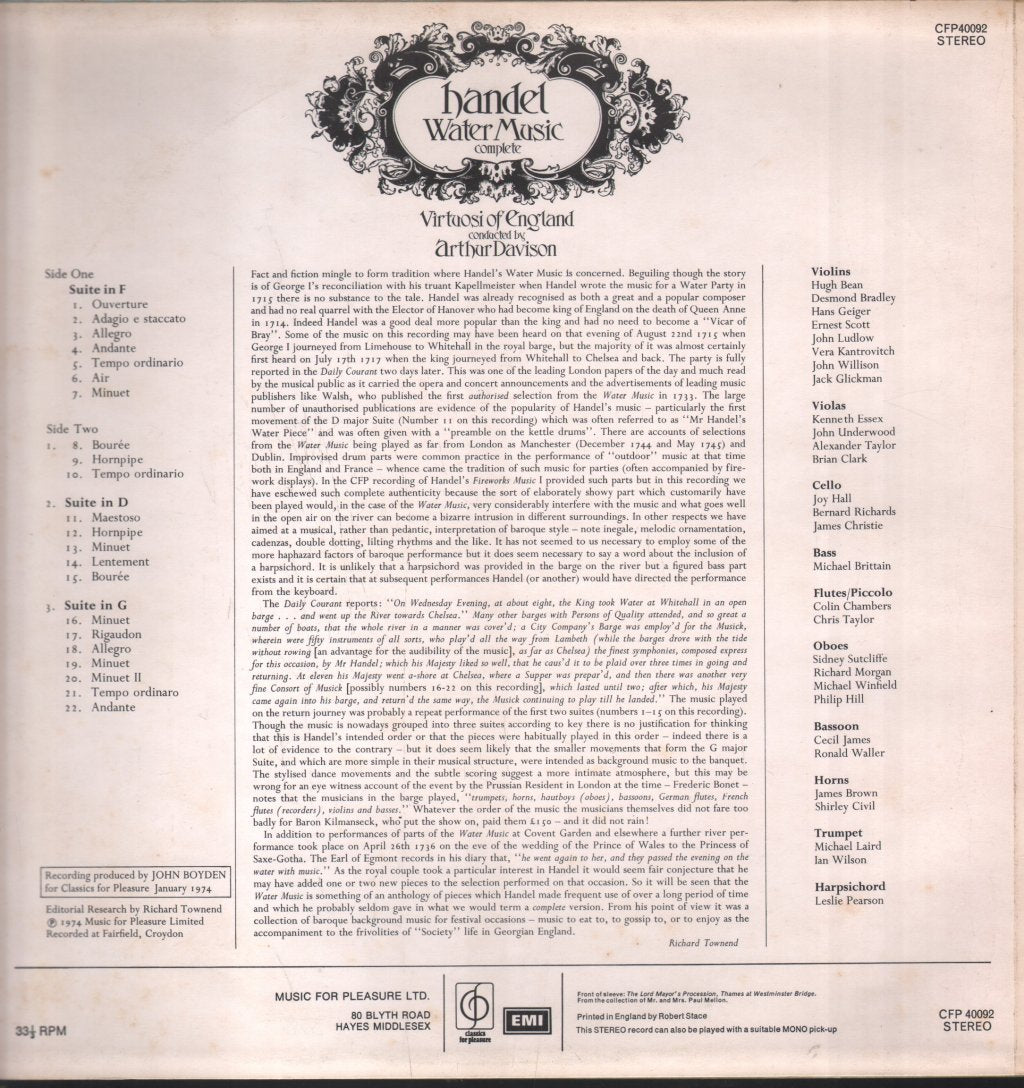 Virtuosi Of England / Arthur Davison - Handel - Water Music (Complete) - Lp