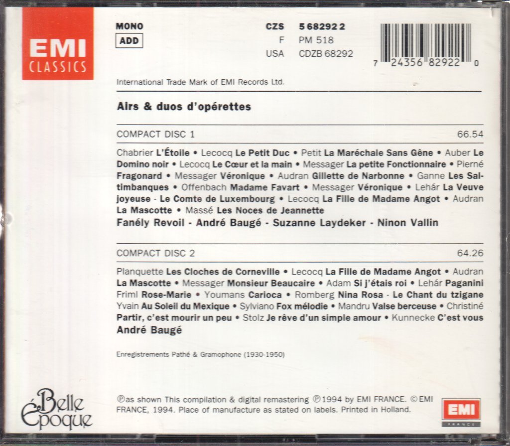 André Baugé, Ninon Vallin, Fanely Revoil - Airs & Duos d'opérettes - Double Cd