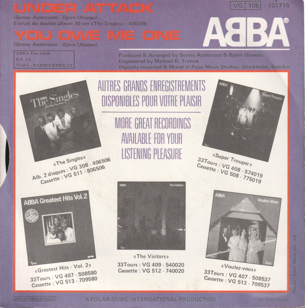 ABBA - Under Attack / You Owe Me One - 7 Inch