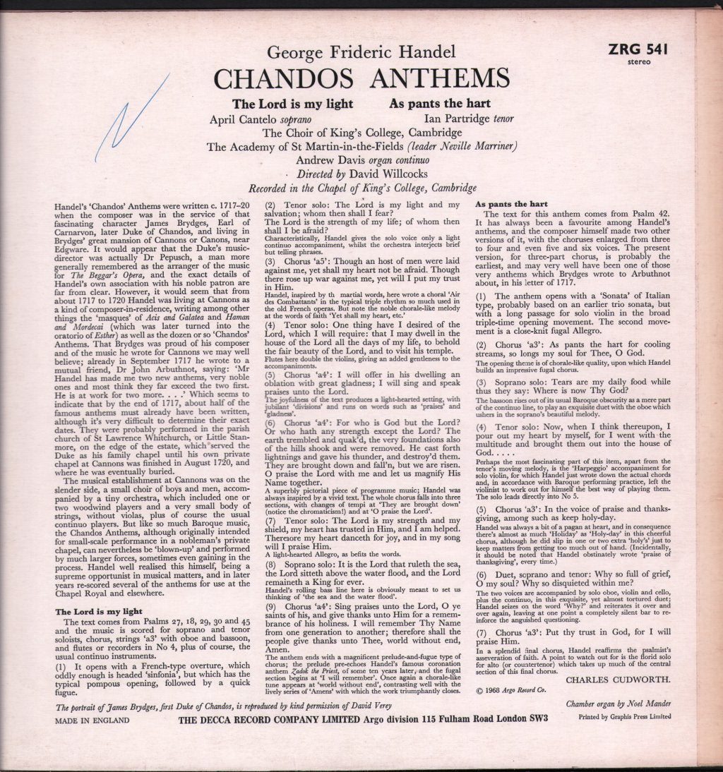 April Cantelo / Ian Partridge / Choir Of King's College, Cambridge / David Willcocks - Handel - Chandos Anthems - Lp