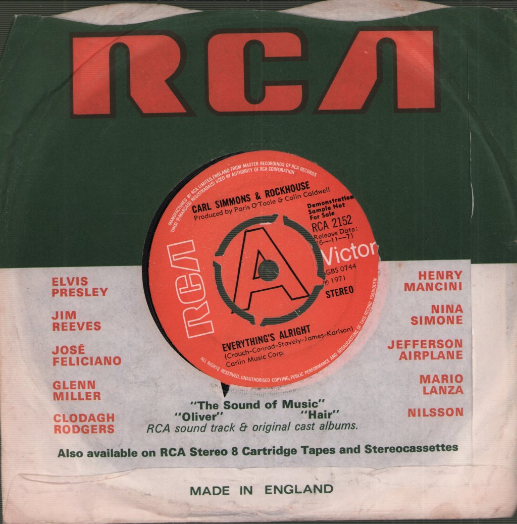Carl Simmons & Rockhouse - Everything's Alright - 7 Inch