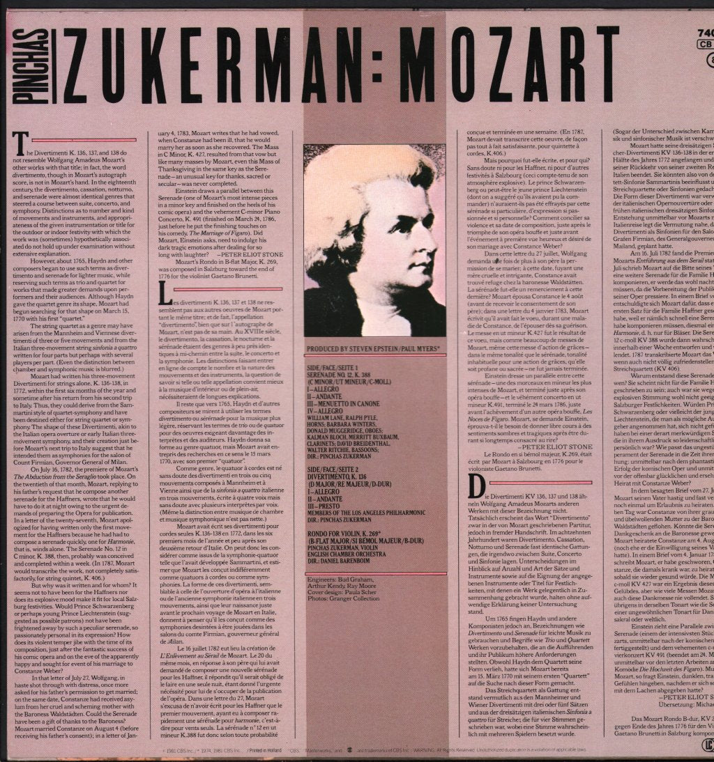 Pinchas Zukerman / Members Of The Los Angeles Philharmonic / English Chamber Orchestra / Daniel Barenboim - Mozart - Serenade K. 388 / Divertimento K. 136 / Rondo K. 296 - Lp