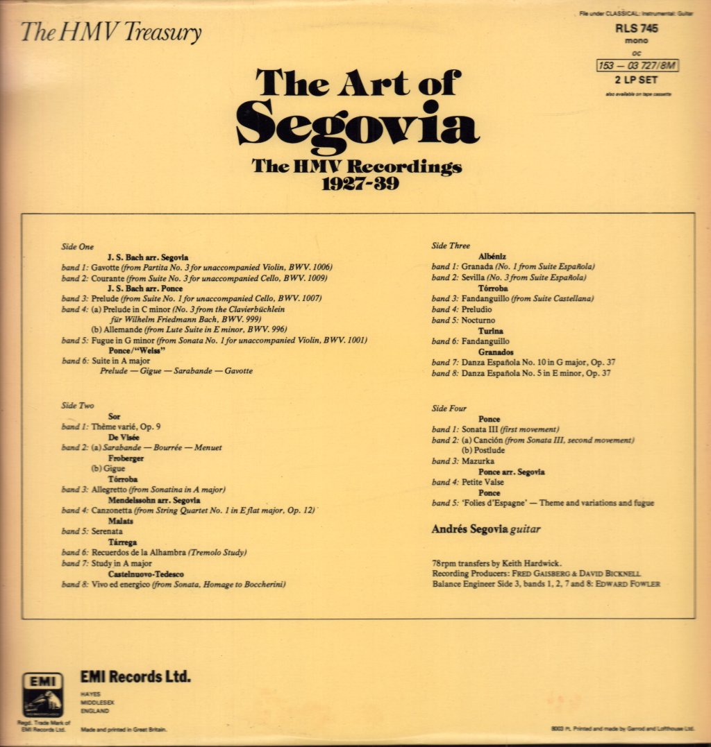 Andres Segovia - Art Of Segovia The HMV Recordings 1927-39 - Double Lp