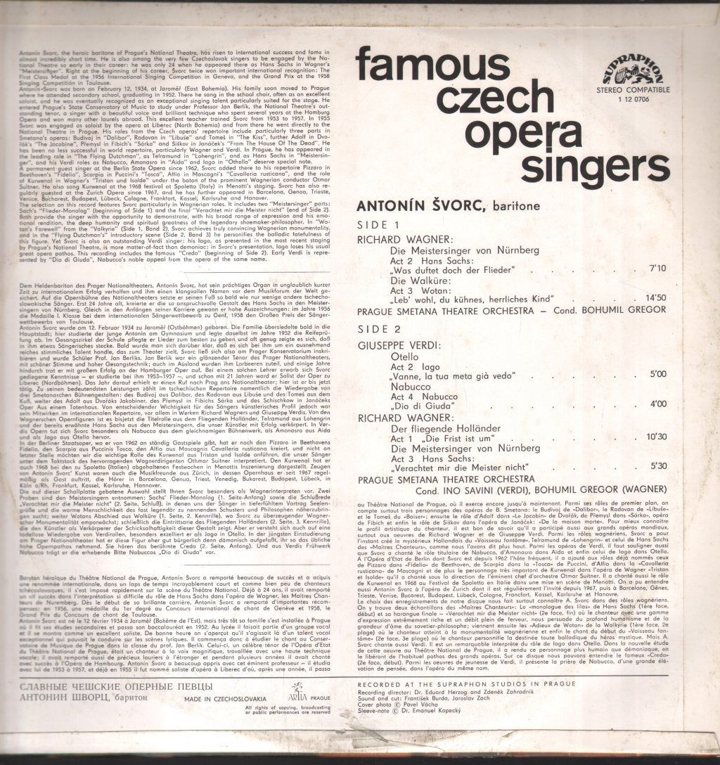 Antonin Svorc - Famous Czech Opera Singers - Lp
